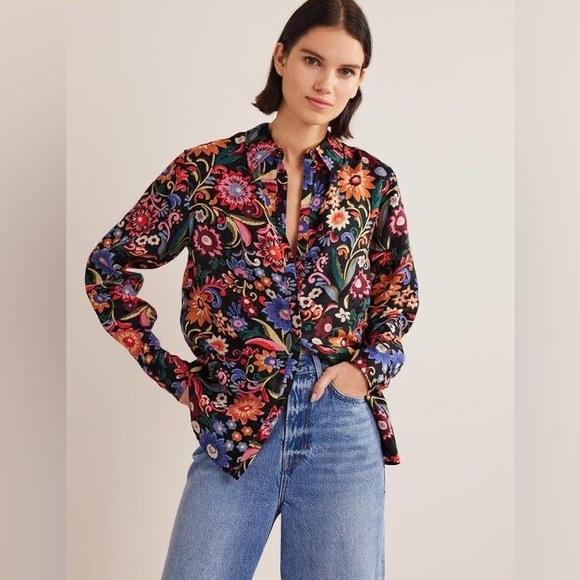 Boden Tops - Boden New Linen Shirt in Black Gardenia Pop Floral Relaxed Fit